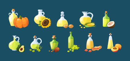 Set of edible oils. Cooking vegetable oil for eating and beauty. Bottles with eco organic delicious ingredients cedar, almond, coconut, avocado, peanuts, sunflower, apricot, grape vector cartoonのイラスト素材