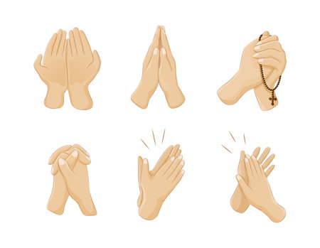 Human hands positions set. Person arms praying hopeful with beads God faith believe, applause. Faithful meditation with peace religious spiritual holy hope. Culture gesture clapping palm vector flatのイラスト素材