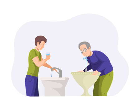 People different ages drinking water. Elderly, man quench thirst with refreshing pure beverage. Person drink aqua from public fountain, home plumbing, sink cartoon vectorのイラスト素材
