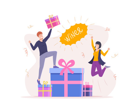 Rejoice couple holding prize won celebrating financial success. Happy man and woman winner of gift or lottery jumping and having fun gain surrounded by falling confetti vector flatのイラスト素材