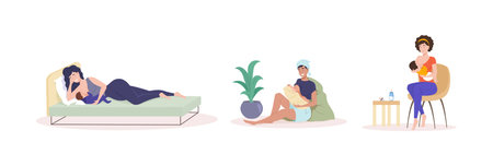 Diverse woman breastfeeding infant baby set. Happy mother holding toddlers on arms enjoy motherhood natural breast milk feeding. Newborn child and care mom spending time together at home vector flatのイラスト素材