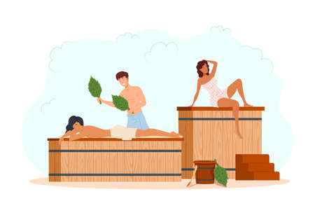 Diverse people wearing towels relaxing massage at sauna with heat steam broom. Happy multiracial man and woman enjoying spa hygienic procedure. Bath procedure skin care wellness treatment vector flatのイラスト素材