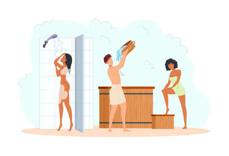 Multiracial man and woman washing in shower and pour cold water from barrel at public sauna. Diverse people relaxing at bathhouse hardening after heat hot steam. Wellness spa treatment vector flatのイラスト素材