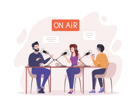 Group people live audio podcast performance news and radio streaming show at studio microphones. Man...