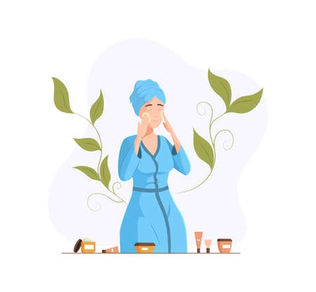 Woman cares her skin cleansing treatment procedures for face. Female applying skincare hydration lotion vector cartoonのイラスト素材
