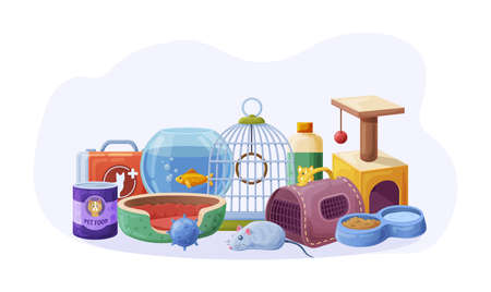 Pet shop vet store set. Domestic animals accessories, food, toys, aid, bowl, shampoo, aquarium, carrying, scratching post, house, first aid kit. Accessory for cat, dog and fish cartoon vectorのイラスト素材