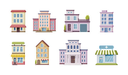 Urban government, private and municipal building set. Different public place city architecture facades with windows and doors. Apartment house, hotel, library, store, cafe cartoon vectorのイラスト素材