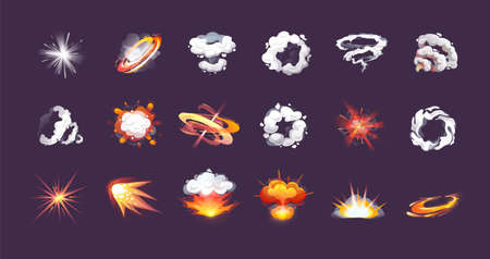 Collection of colorful bomb explosion. Blast atom explosive effect. Burn abstract exploded hydrogen with dust, energy or fire. Atomic destruction danger catastrophe detonate cartoon vectorのイラスト素材