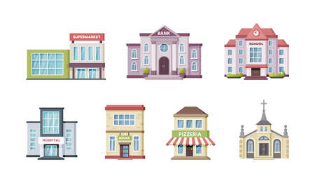 Urban government, private and municipal building set. Different public place city architecture facades with windows and doors. Apartment house, hotel, library, store, cafe cartoon vectorのイラスト素材