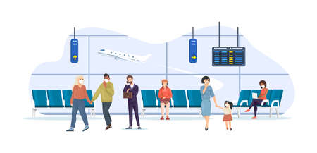 Diverse people at airport terminal during coronavirus pandemic. Man, woman and children with baggage waiting boarding, working, going to gates. business travel and vacation cartoon vectorのイラスト素材