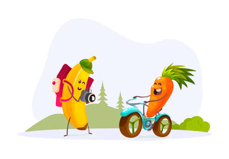 Funny fruits and vegetables cartoon character. Tourist banana with camera and backpack photographs carrot riding bicycle. Cute food characters isolated vectorのイラスト素材