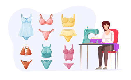 Woman seamstress sew handmade feminine underwear on sewing machine. Female tailor creating craft textile bra, panty, nightgown with lace. Clothes designer enjoying work or hobby leisure flat vectorのイラスト素材