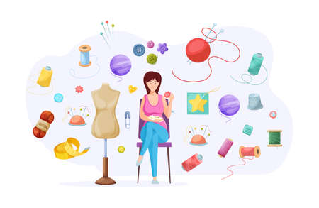 Female tailor engaged needlework embroidery, manual labor, hobby, work. Woman seamstress enjoy art knitting, fancywork, create handmade clothes and decor elements with sew accessories set flat vectorのイラスト素材