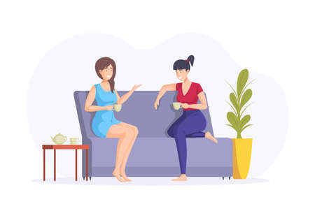 Two happy female friends gossiping relaxing drinking tea at home. Smiling woman enjoying friendship talking discussing sitting on couch spending time together at weekend cartoon vectorのイラスト素材