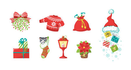 Christmas elements set. Snowflakes, Santa Claus hat, gifts, candles, gnome in sack, ugly sweater, cat sleep in sock, poinsettia in pot, mistletoe. Winter holiday attributes. Happy New Year flat vectorのイラスト素材
