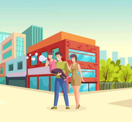 Happy family walk modern city street enjoy weekend. Father, mother and daughter spend time together summer day outdoor at modern town landscape. Man, woman and child at downtown flat vectorのイラスト素材