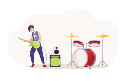 Male rocker playing rock music guitar on stage at concert performance. Heavy metal gothic man artist performing musical melody on rehearsal with drums. Guy guitarist musician flat vectorのイラスト素材