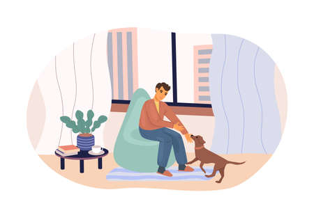 Man playing with lovely dog sitting on armchair at cozy home. Male pet owner spending time at living room with positive emotion. Love friendship between puppy animal and men. best friends flat vectorのイラスト素材