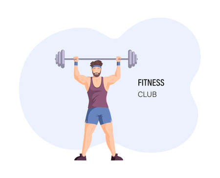 Male bodybuilder raising heavy barbell training muscle at fitness club. Fit man holding crossbar overhead gym advertising poster with place for text. Powerlifting champion sports body flat vectorのイラスト素材