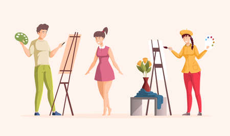 Art class drawing lesson man and woman painters draw from nature female model, flower vase posing. Artists painting portrait and still life. Artistic school, masterclass workshop education flat vectorのイラスト素材