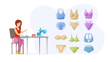Woman seamstress sew handmade feminine underwear on sewing machine. Female tailor creating craft textile bra, panty, nightgown with lace. Clothes designer enjoying work or hobby leisure flat vectorのイラスト素材