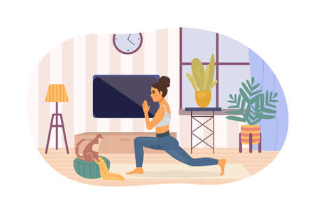 Active flexible woman practicing yoga at home. Sports female and cat enjoying harmony balance hobby leisure recreation. Healthy lifestyle, mindfulness cartoon vectorのイラスト素材