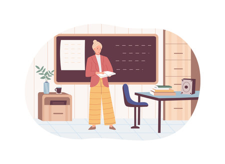 Woman literature teacher standing near chalkboard with textbook explaining tasks. Female tutor talking to auditorium at classroom knowledge at school, college, university education flat vectorのイラスト素材