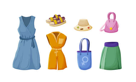 Summer fashion clothes and accessories for women set. Sleeveless wrap dress, jumpsuit, skirt, straw hat, handbag and sandals modern stylish garments. Stylish casual clothing cartoon vectorのイラスト素材