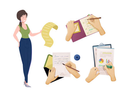 Cheerful woman looking at long paper list or scroll. Top view of human hands hand writing letter, making to do list, analyzing financial chart graph. Paperwork, planning, analysis flat vectorのイラスト素材