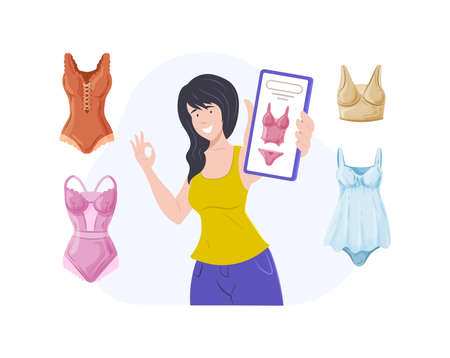 Young woman shopping online using mobile web application. Girl buying underwear clothing. Cheerful woman choosing and paying for purchases in online clothing and accessories store flat vectorのイラスト素材