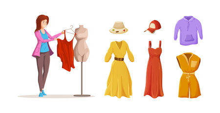 Woman fashion designer creating trendy clothes at workshop. Tailor, dressmaker or seamstress sewing dress on mannequin. Collection of fashionable clothes and accessories cartoon vectorのイラスト素材