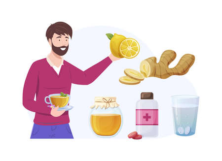 Cheerful healthy man with cup of ginger tea. Lemon, ginger slices, honey and vitamins. Natural remedies and medicines to support a healthy immune system. Virus germs and bacteria protection flat vectorのイラスト素材
