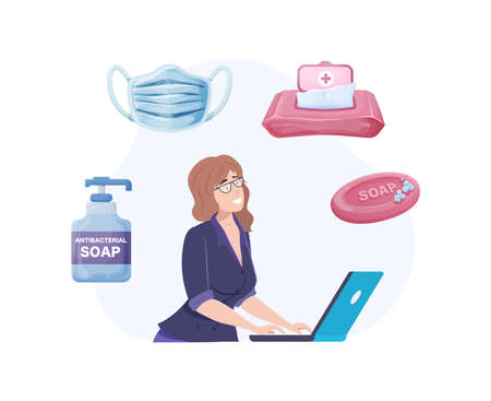 Woman buying antiseptic hygiene products in online shop. Girl purchasing for antibacterial soap, medical face mask, wet wipes. Businesswoman working or shopping using laptop computer flat vectorのイラスト素材