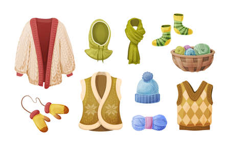Set of winter warm knitted clothing and accessories. Cozy cardigan, scarf, hat, socks and sleeveless cropped vest. Seasonal clothes for cold weather. Wool yarn for knitting, crocheting cartoon vectorのイラスト素材