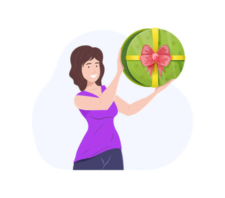 Happy girl holding gift box in her hands. Smiling young woman in casual clothes giving or receiving green present box with red bow. Birthday gift, holiday greetings, surprise flat vectorのイラスト素材