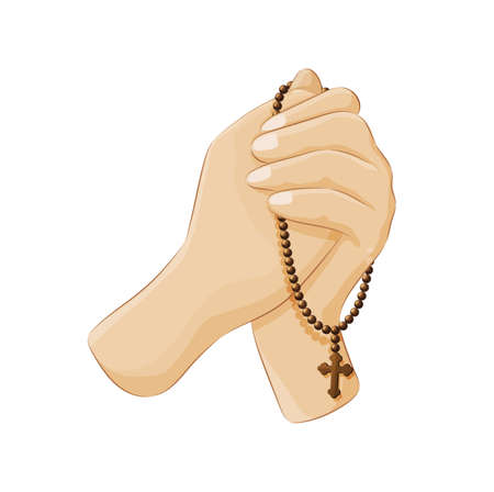 Female palms holding brown wooden rosary beads and cross. Two hands folded in prayer gesture praying to god. christianity religious symbol flat vectorのイラスト素材
