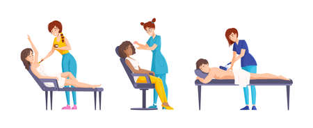 Collection of beauty spa procedures hair removing at salon. Set of female beautician work with clients, shaving, brow correction, waxing and body depilation use equipment isolated cartoon vectorのイラスト素材