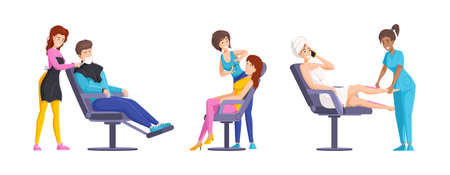 Collection of beauty spa procedures hair removing at salon. Female beautician work with clients, shaving, brow correction, waxing and body depilation and legs use equipment isolated cartoon vectorのイラスト素材