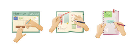 Human hands holding markers, pens and pencils set. Arms taking notes, writing letters, drawing graphs tablet, planning schedule, creating craft pack. Stationery equipment write activity vector flatのイラスト素材