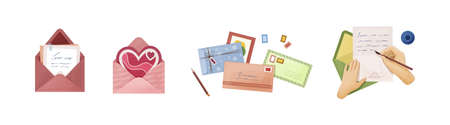 Various envelopes with mail, postmarks and postcards set. Human hands holding markers, pens and pencils. Craft paper letters, handmade cards, document sheet, mailing greeting correspondenceのイラスト素材