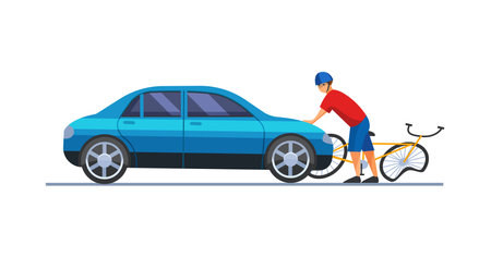 Collision of car and bicycle on road flat vector. road traffic accident. Car knocked down male cyclist in safety helmet on road. Injured cyclist and broken bicycleのイラスト素材