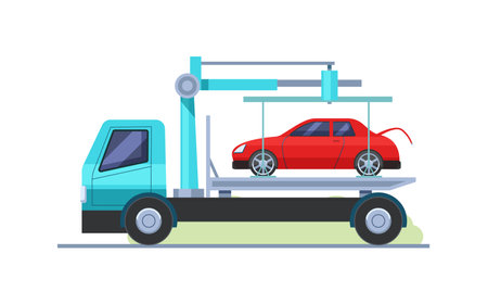 Wrecker truck evacuating red damaged car, side view. Towing truck evacuation, road assistance service help, road traffic accident flat vectorのイラスト素材