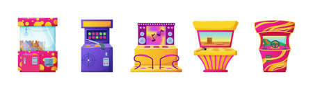 Set of retro arcade slot game machines flat vector. Colorful bright gaming machines for public places. Vintage electronic entertainment devices, gaming computer machineryのイラスト素材