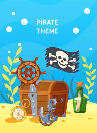 Pirate theme with treasure chest at sea sandy bottom. Wooden ancient chest, pirate flag, ship wheel and compass among seaweeds. Pirate party banner, game interface design cartoon vectorのイラスト素材