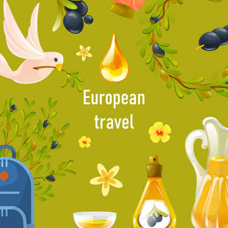 European summer travel banner with olive tree branches. Green background with dove flying with olive branch, bottles of oil and backpack. Traveling on summer vacation flat vector oliveのイラスト素材