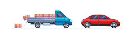 Boxes fell out of unlocked door of truck on road. Transportation car and falling packages. Collision of car and truck, road traffic accident flat vectorのイラスト素材