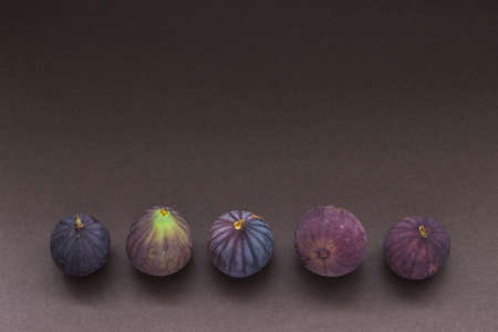 Five fresh figs in a row on grey gradient background. Space for text