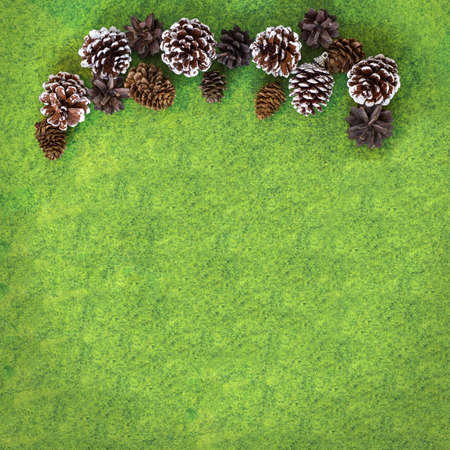 Pine and Fir cones on vibrant green felt gradient background. Square Christmas greetings card backgroundの写真素材