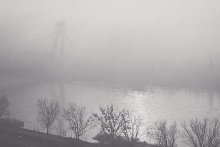 Black and White Landscape with Morning fog above Danube river and New Bridge in Bratislava, Slovak Republicの写真素材