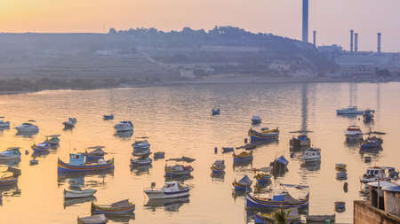 Luzzu, traditional maltese eyed boats, Marsaxlokk bay, Maltaの写真素材